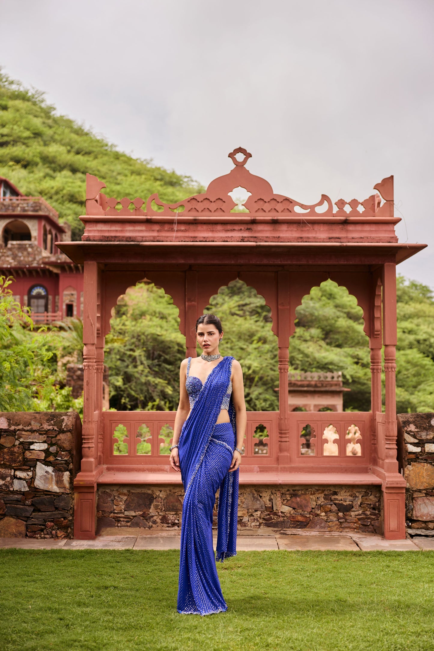 Royal Blue Dotted Mukaish Saree