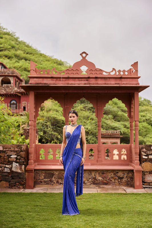 Royal Blue Dotted Mukaish Saree
