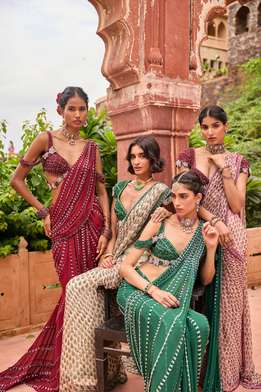 Sarees- Printed, Burgundy & Green Linear Work