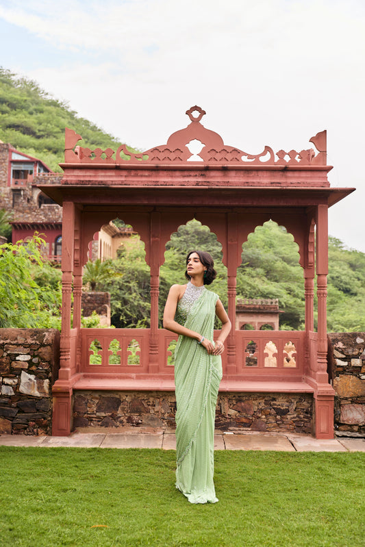 Seafoam Shaded Dotted Mukaish Saree