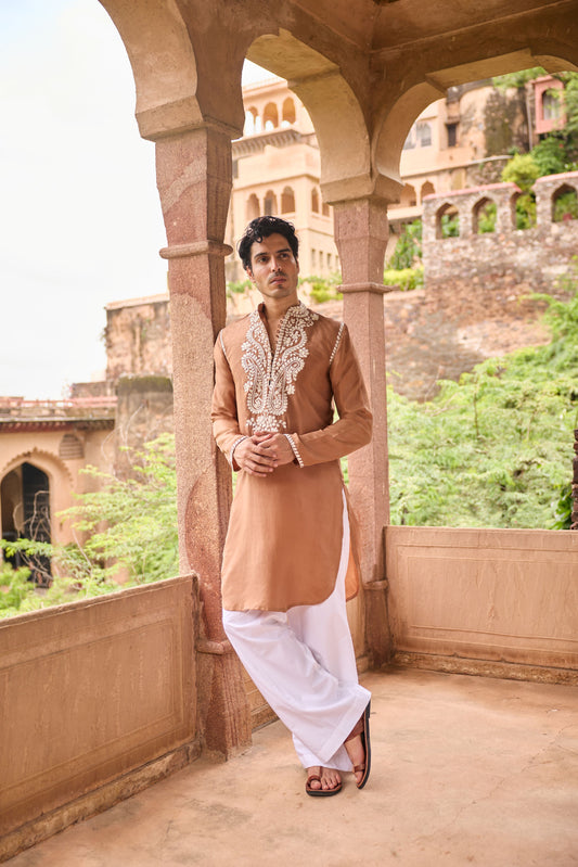 Tan Habutai Silk Lucknow Work Kurta Set- Menswear
