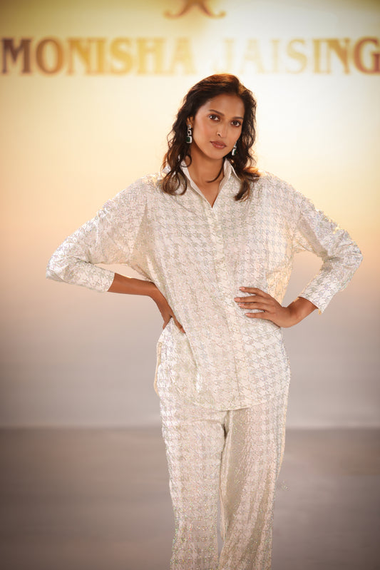 White Houndstooth Shirt Set