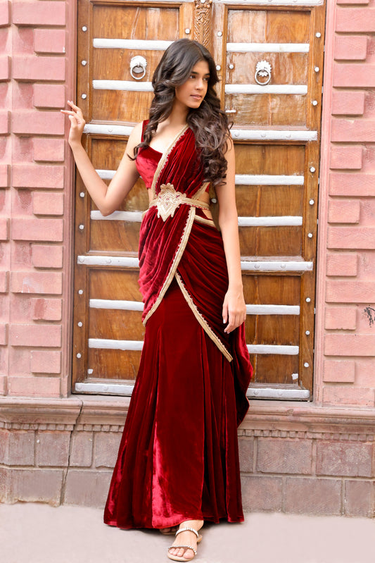 Burgundy Velvet Saree