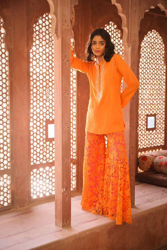 Orange Lace Sharara Set