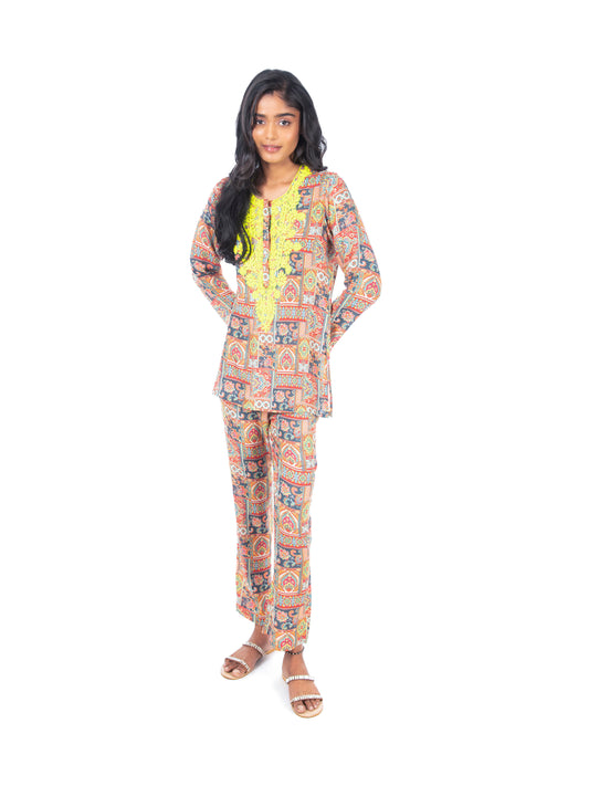 Multi Neon Green Kurti & Pant Set