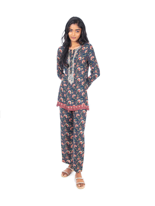 Navy Printed Kurti & Pant Set