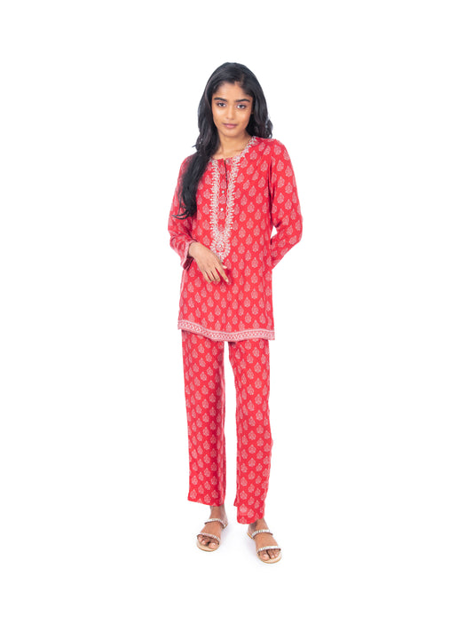 Red Block Printed Kurti & Pant Set