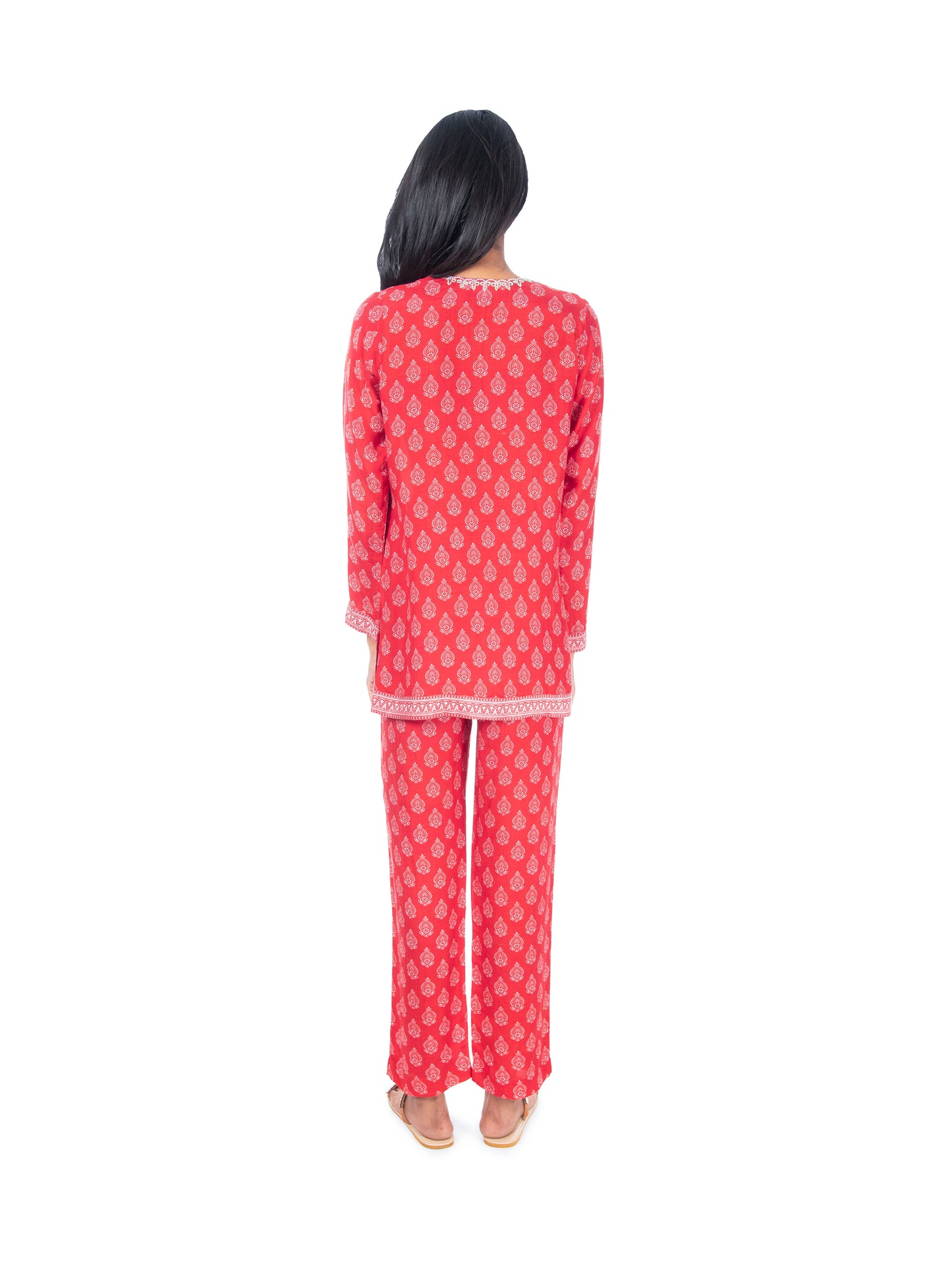 Red Block Printed Kurti & Pant Set