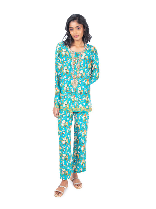 Turquoise Printed Kurti & Pant Set
