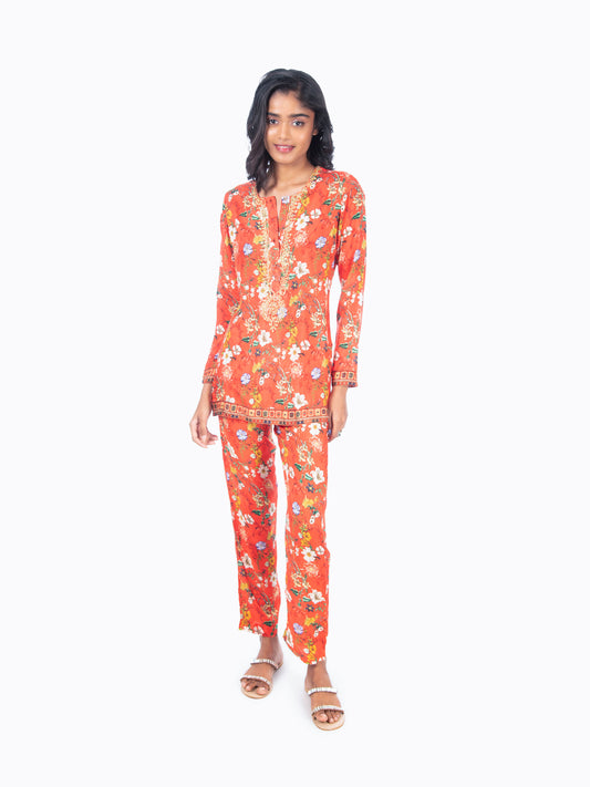 Orange Printed Kurti & Pant Set