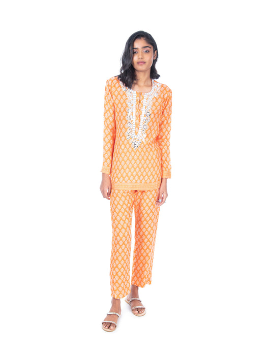 Orange Block Printed Kurti & Pant Set