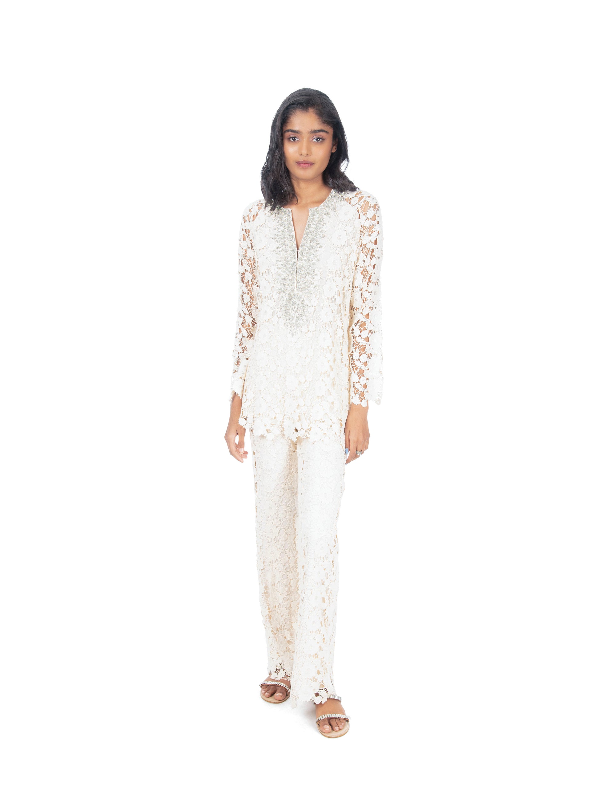 Pure Cotton Ankle Length Off White Pants with Lace Detailing  Indian Knots