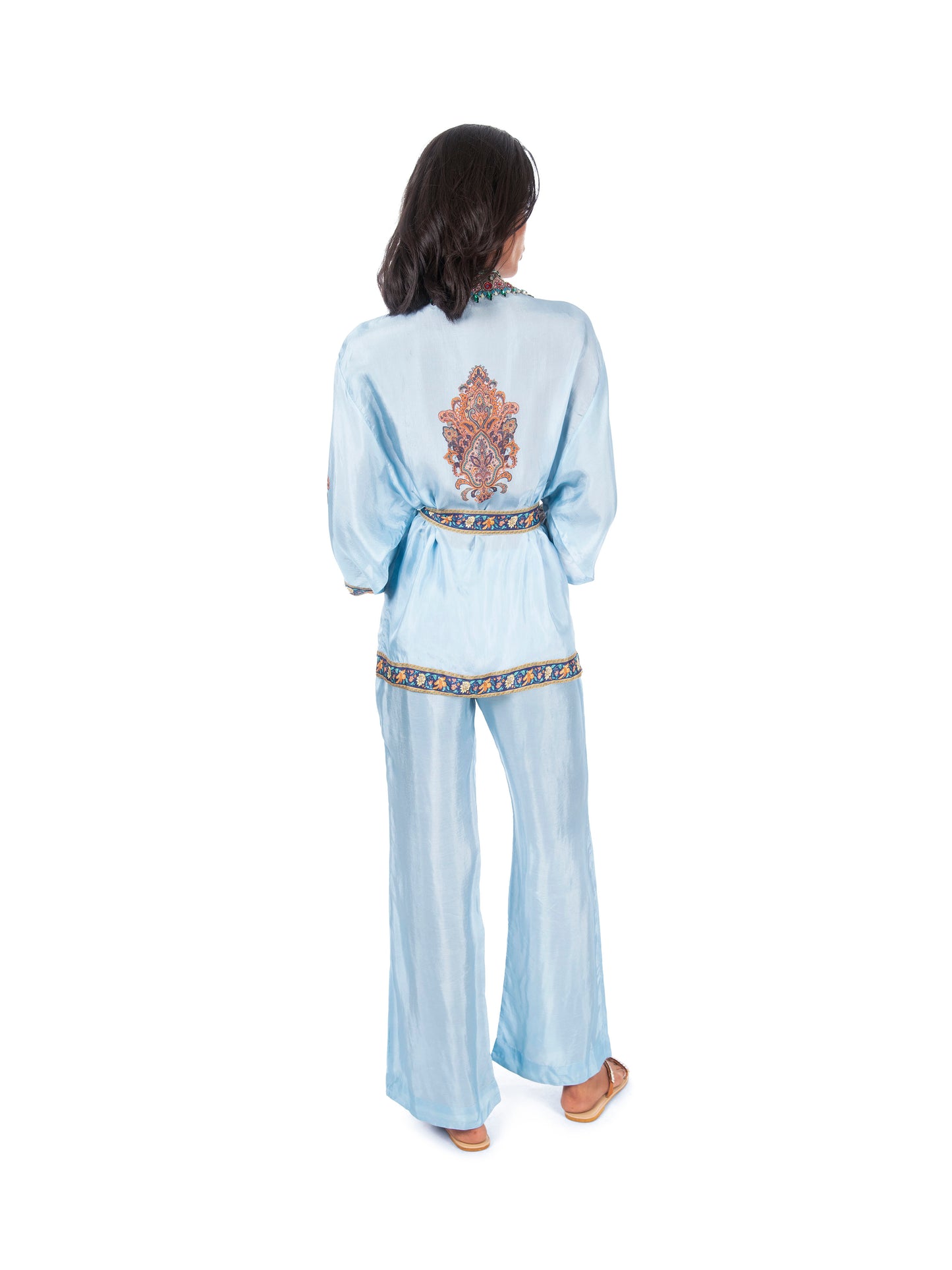 Blue Printed Wrap/Jacket Style Kurti & Pant Set.