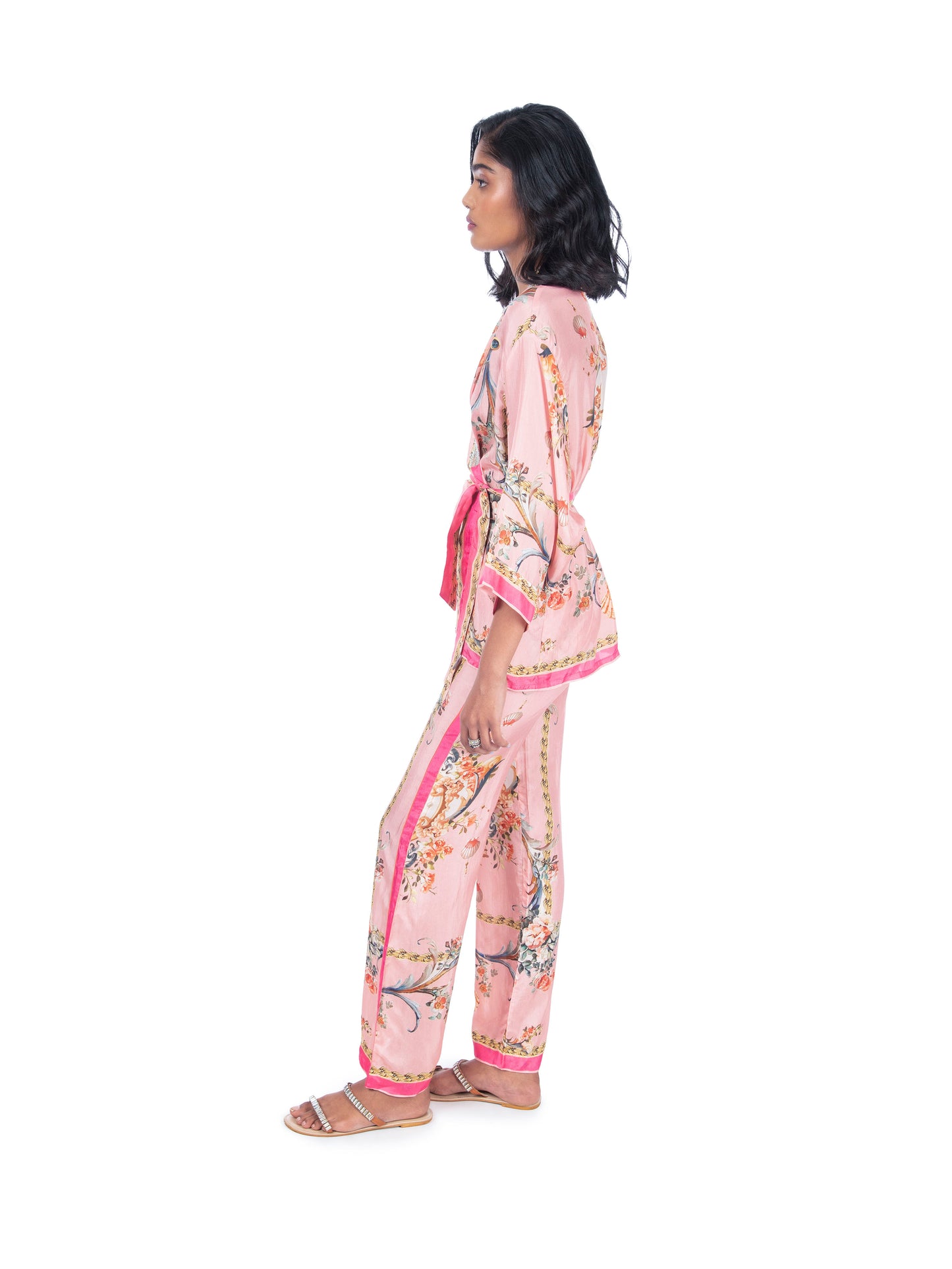 Pink Printed Wrap/Jacket Style Kurti & Pant Set.