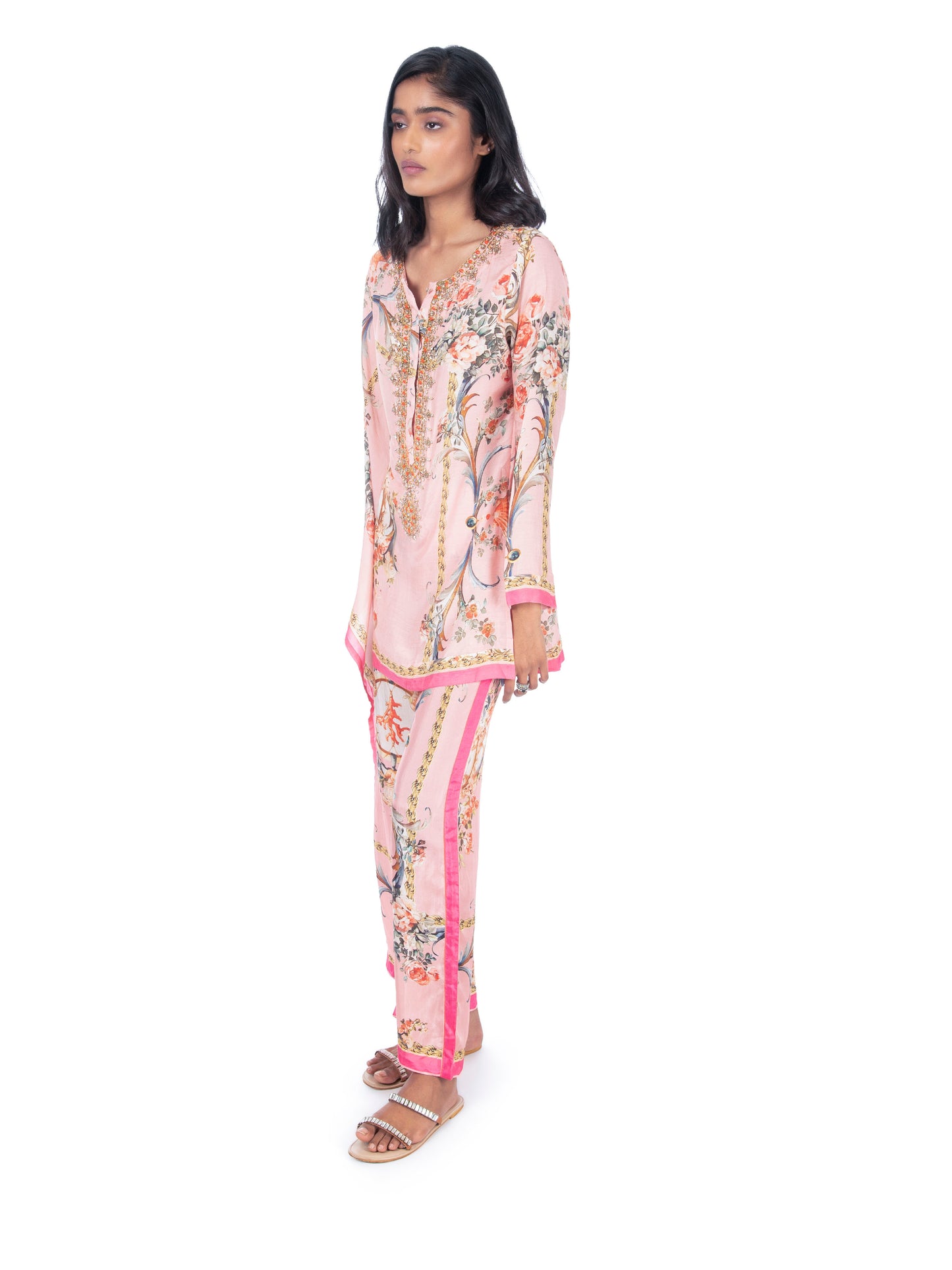 Pink Printed Kaftan Style Kurti & Pant Set.