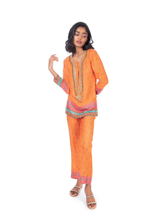 Orange Printed Kurti & Pant Set