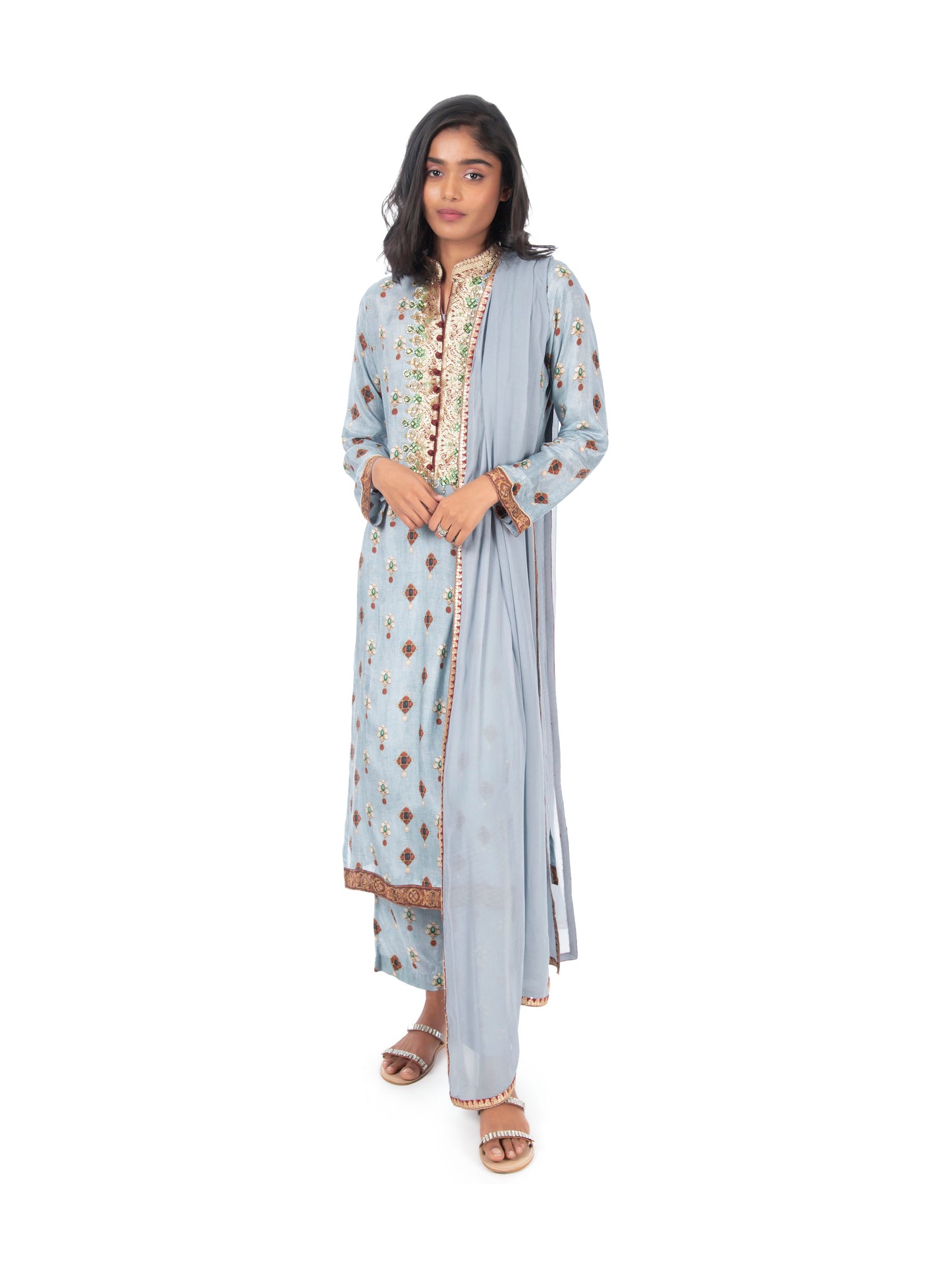 Blue Printed Long Kurta & Pant Set