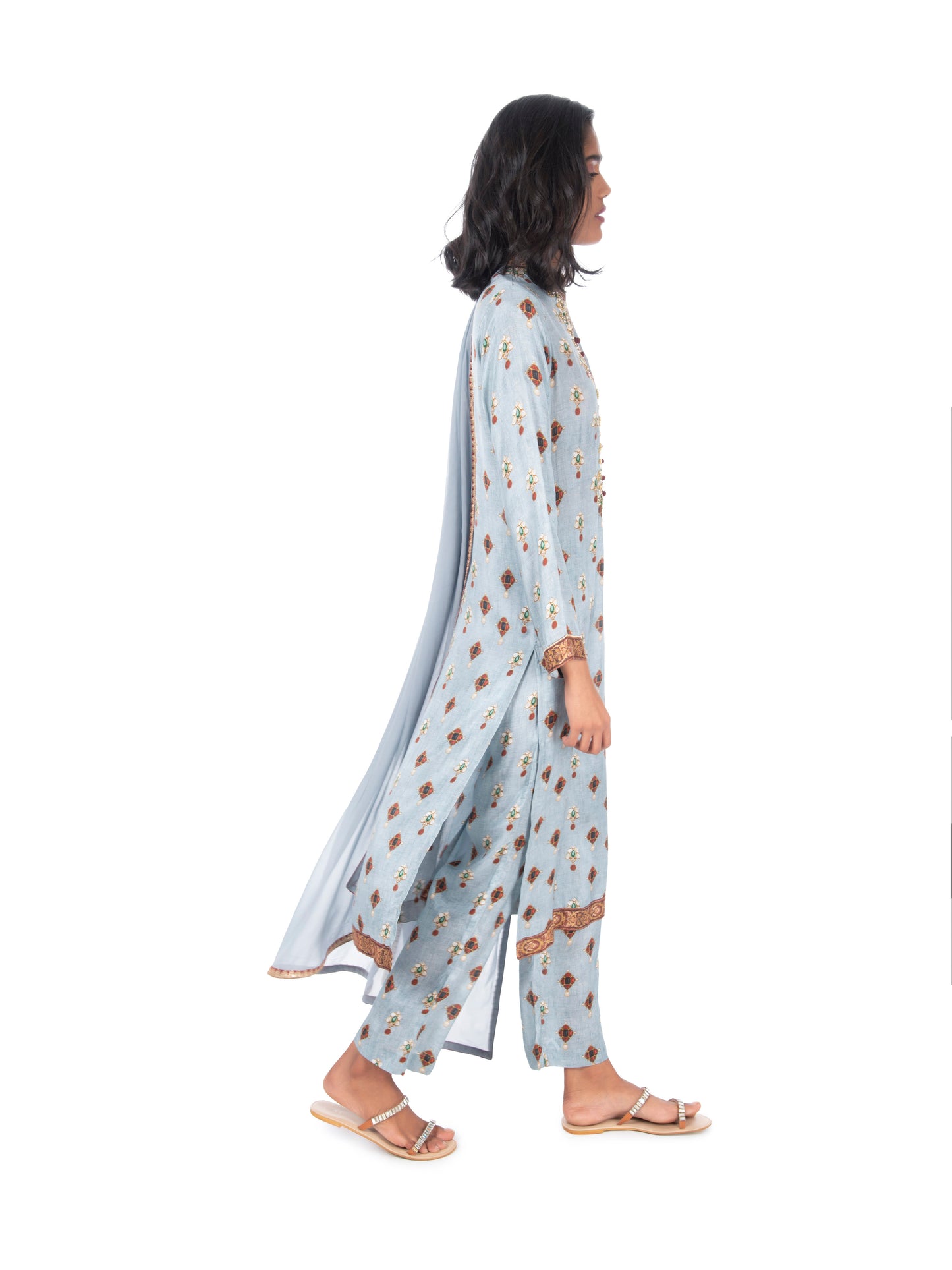 Blue Printed Long Kurta & Pant Set