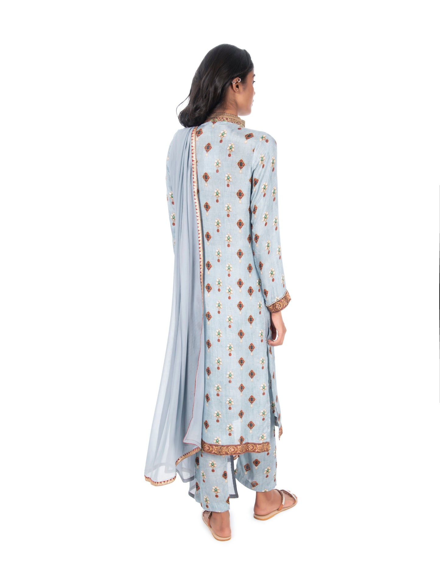 Blue Printed Long Kurta & Pant Set