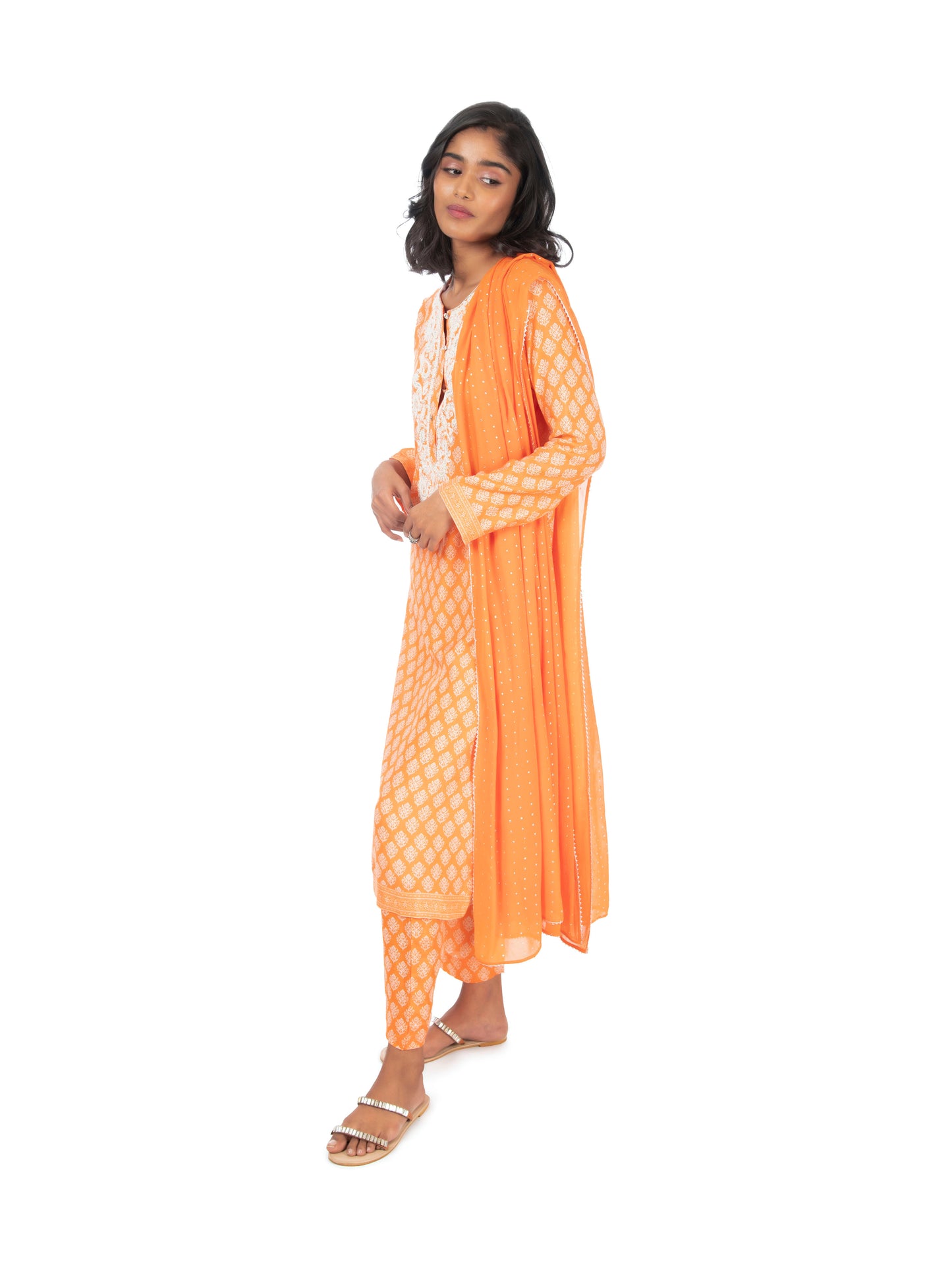 Orange Printed Long Kurta & Pant Set