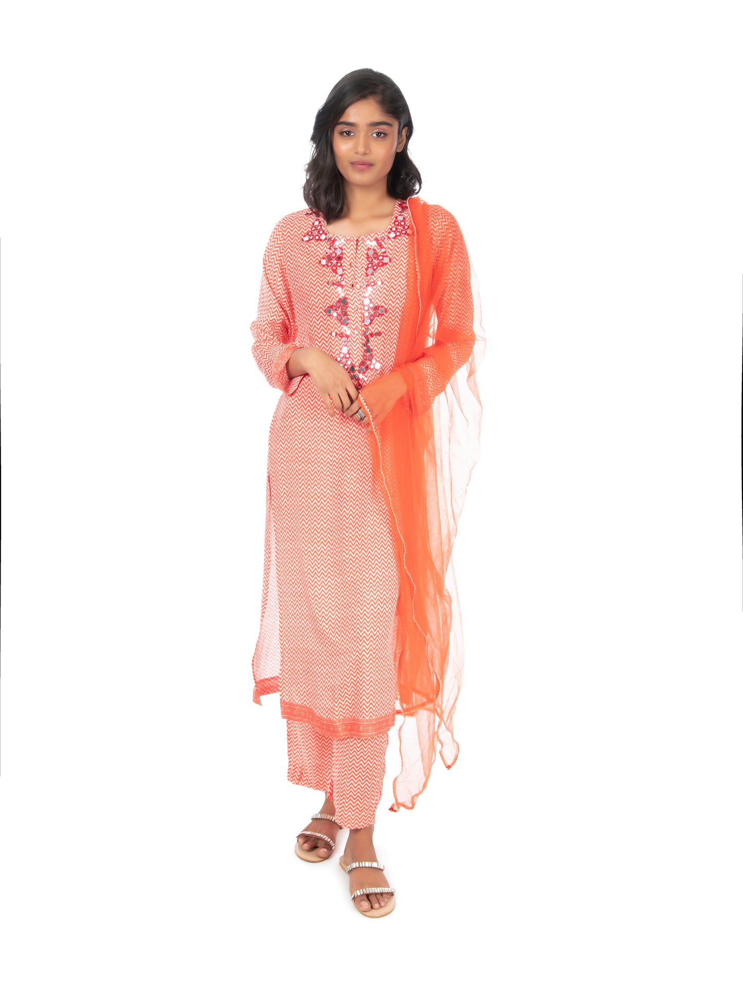 Orange Printed Long Kurta & Pant Set