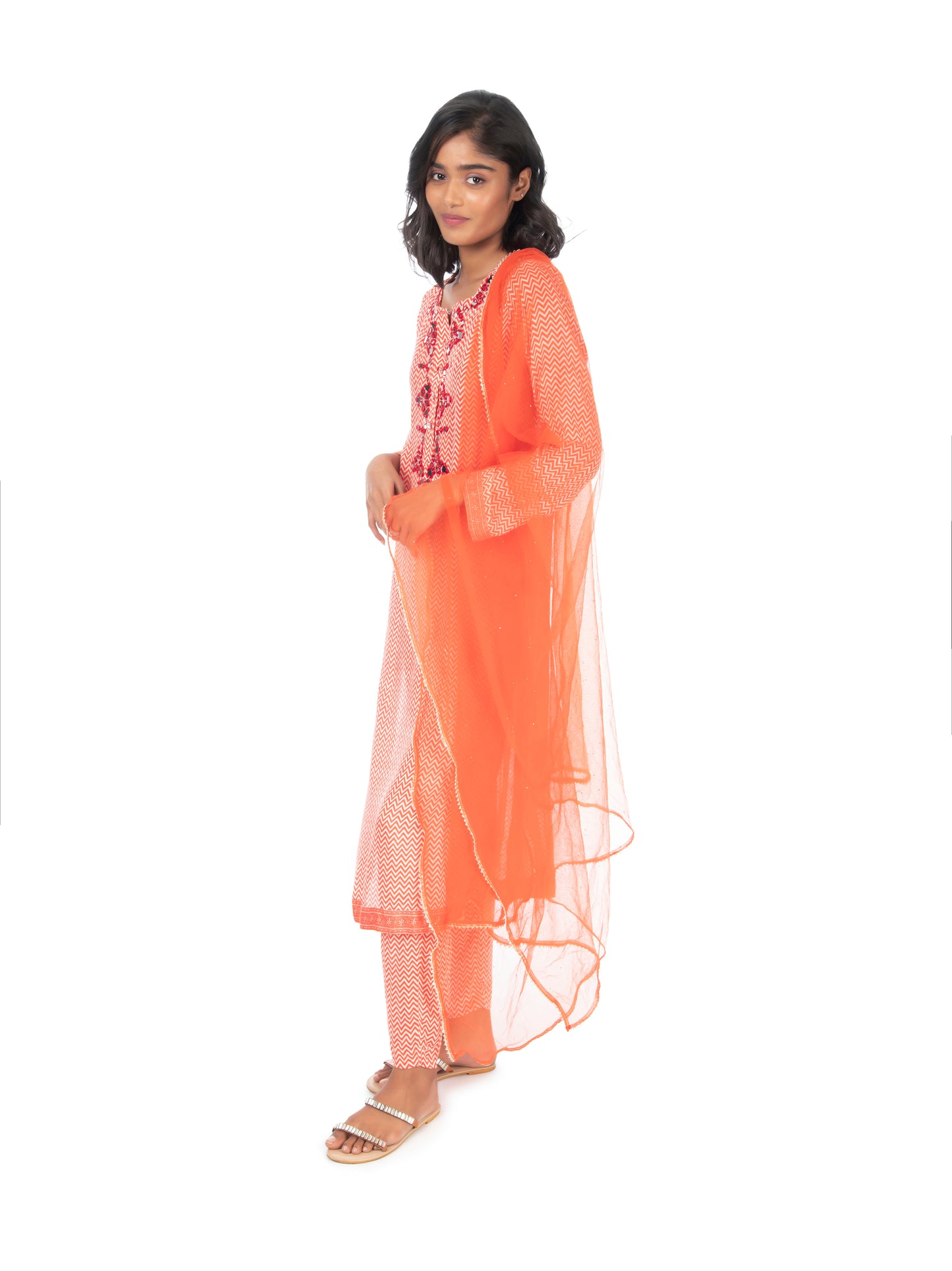 Orange Printed Long Kurta & Pant Set