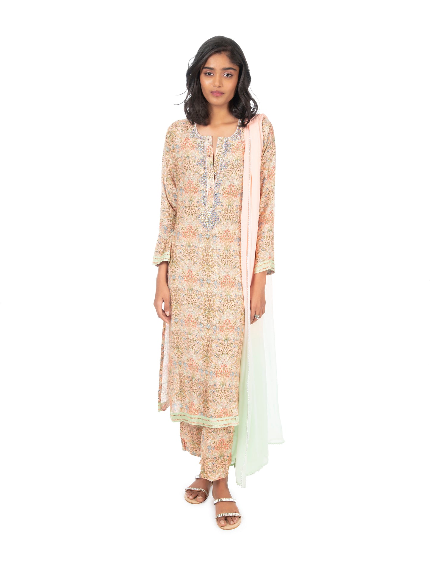 Peach Printed Long Kurta & Pant Set