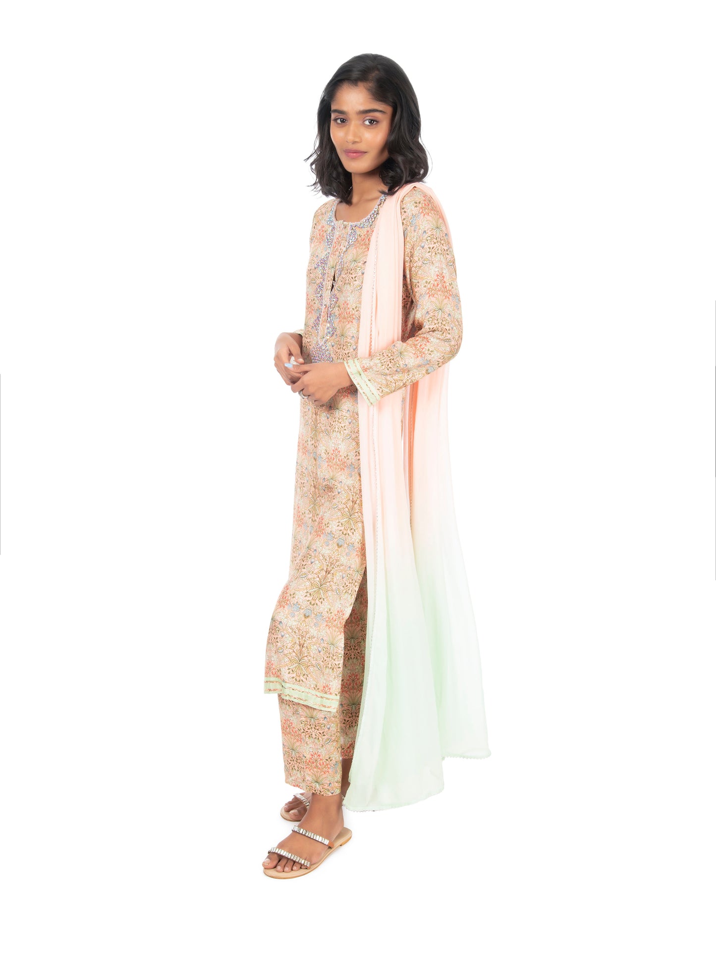 Peach Printed Long Kurta & Pant Set