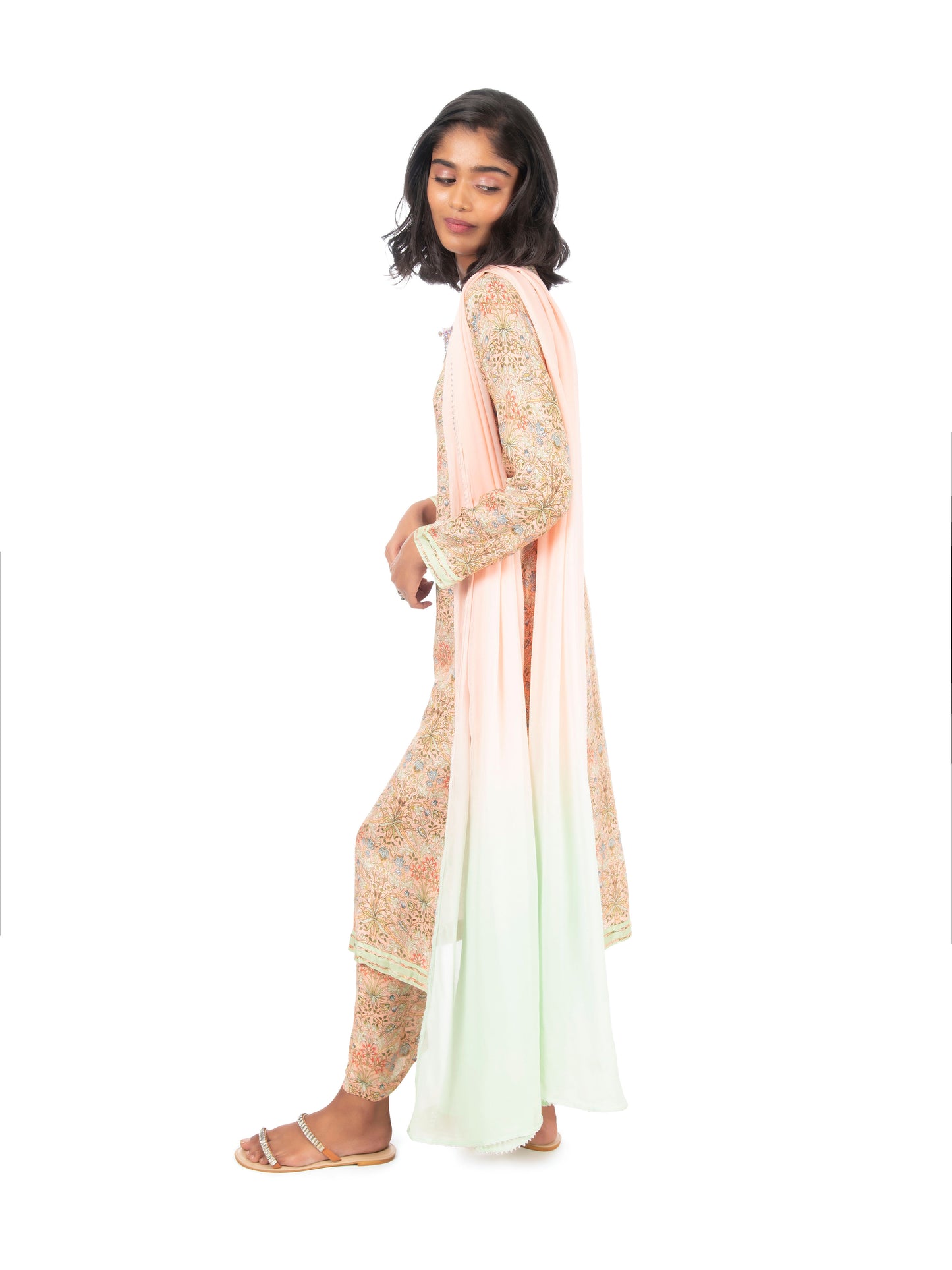 Peach Printed Long Kurta & Pant Set