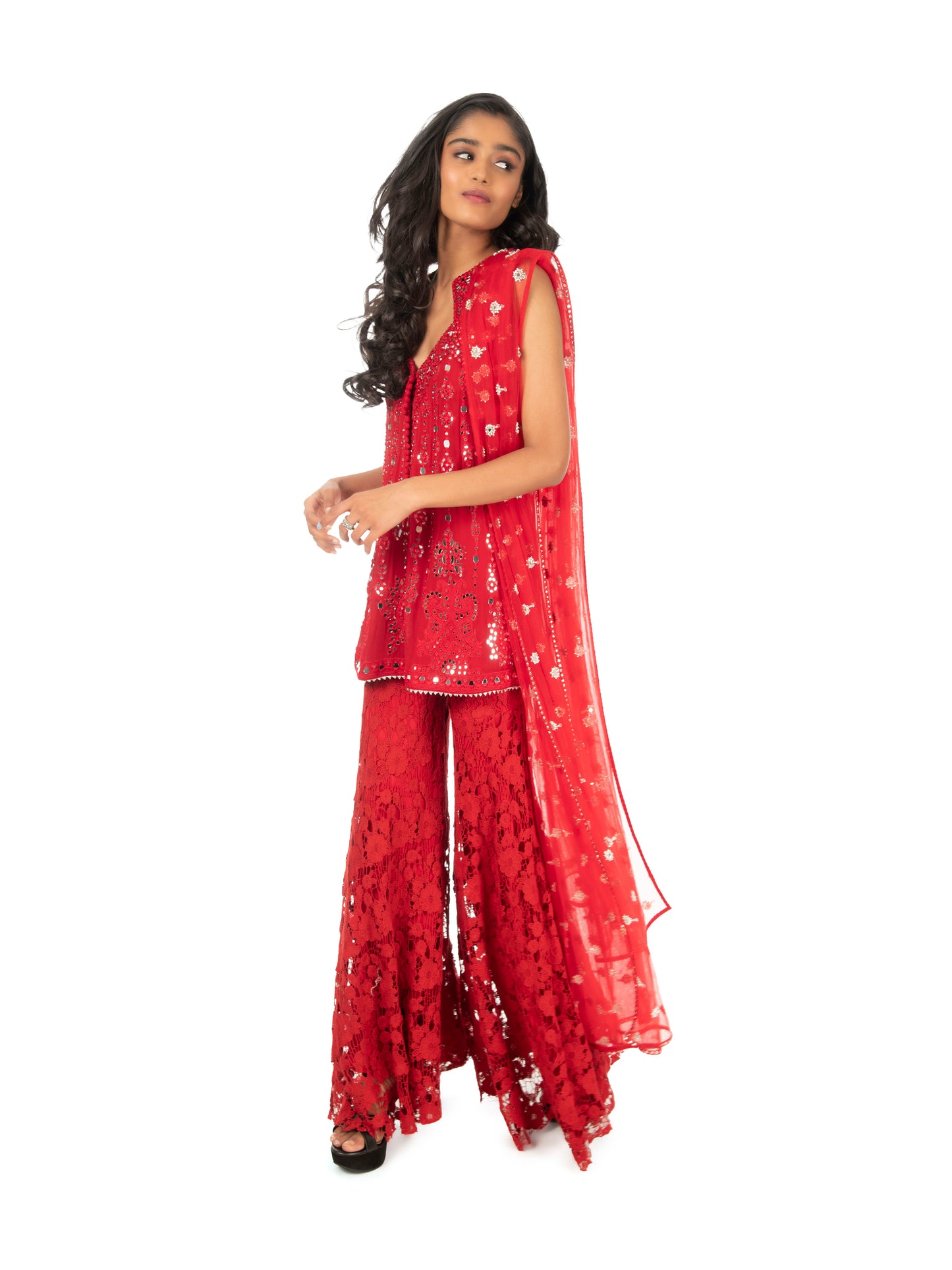 Red Mirrorwork Sharara Set