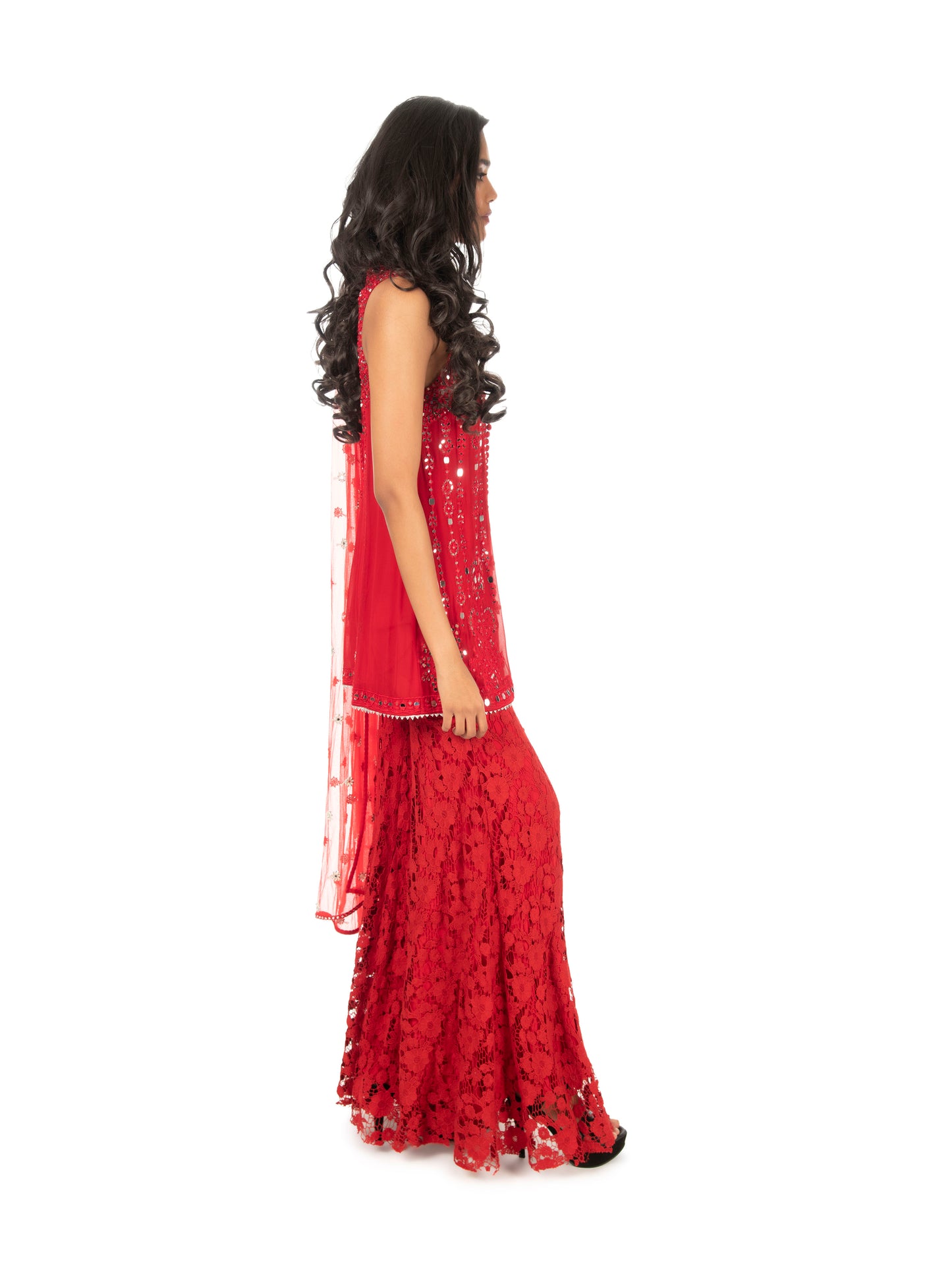 Red Mirrorwork Sharara Set