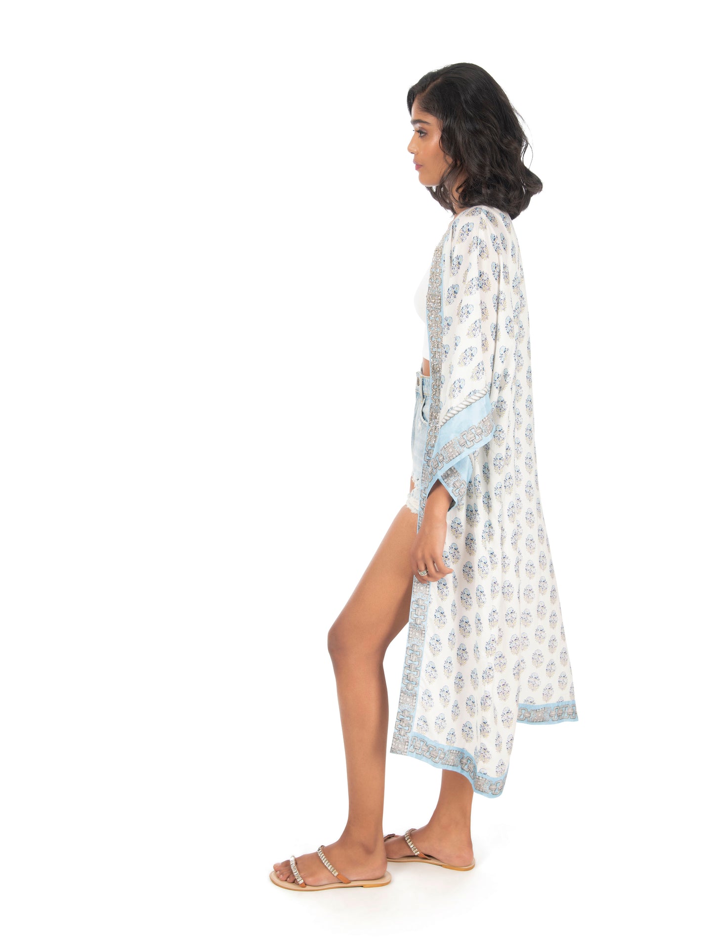 White & Blue Block Printed Robe